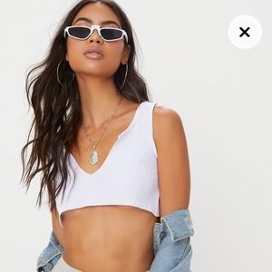 White Rib Deep V Raw Edge Crop Top